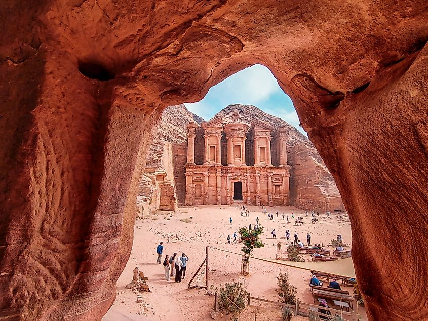 The Monastery of Petra visible between the rocks