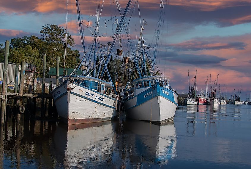 Shrimp boats moored at sunset at a dock near Darien, Georgia.