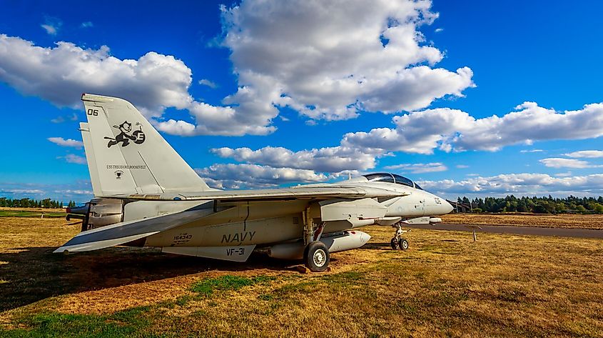 Military fighter aircraft Grumman F-14 Tomcat on exhibition at Evergreen Aviation & Space Museum.