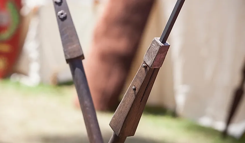 Pilum or roman javelins at military camp