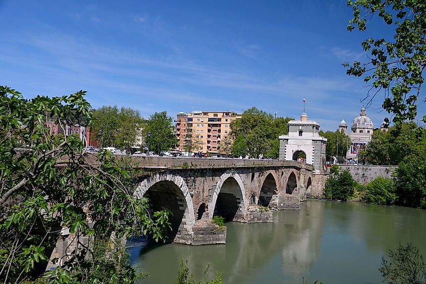 Milvian Bridge on river Tiber in Rome.