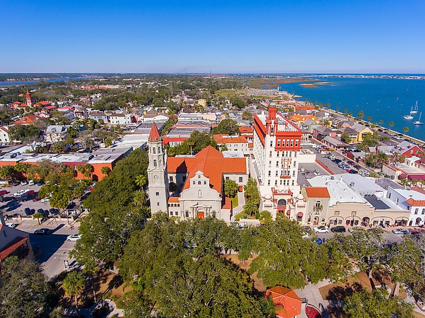 Aerial view of downtown St. Augustine, Florida, featuring the Plaza de la Constitución, the Cathedral Basilica of St. Augustine, and the Governor's House.