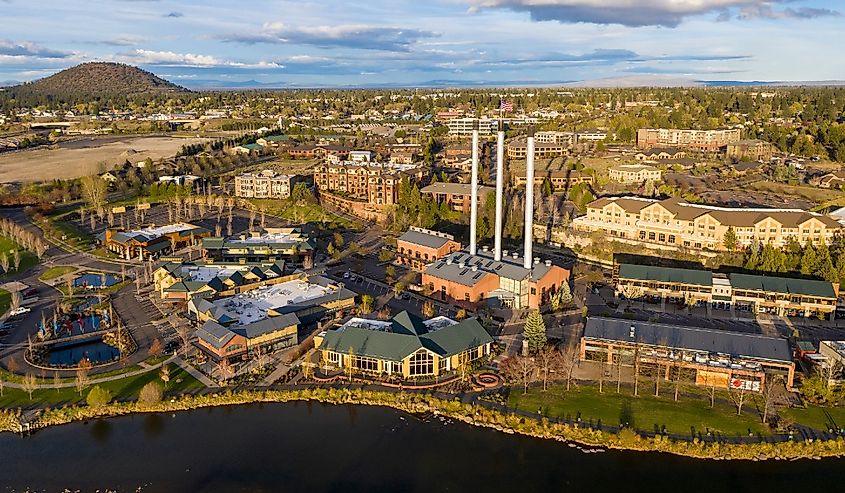Aerial view of the Old Mill District in Bend, Oregon.