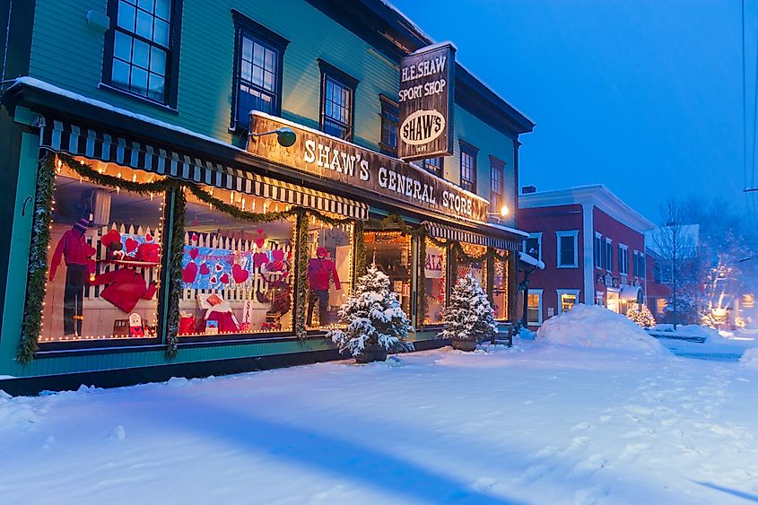 Shaw's General Store along Main Street in Stowe, Vermont, in the winter.