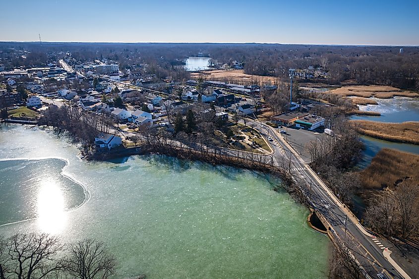 Aerial drone view of Matawan, New Jersey, during winter