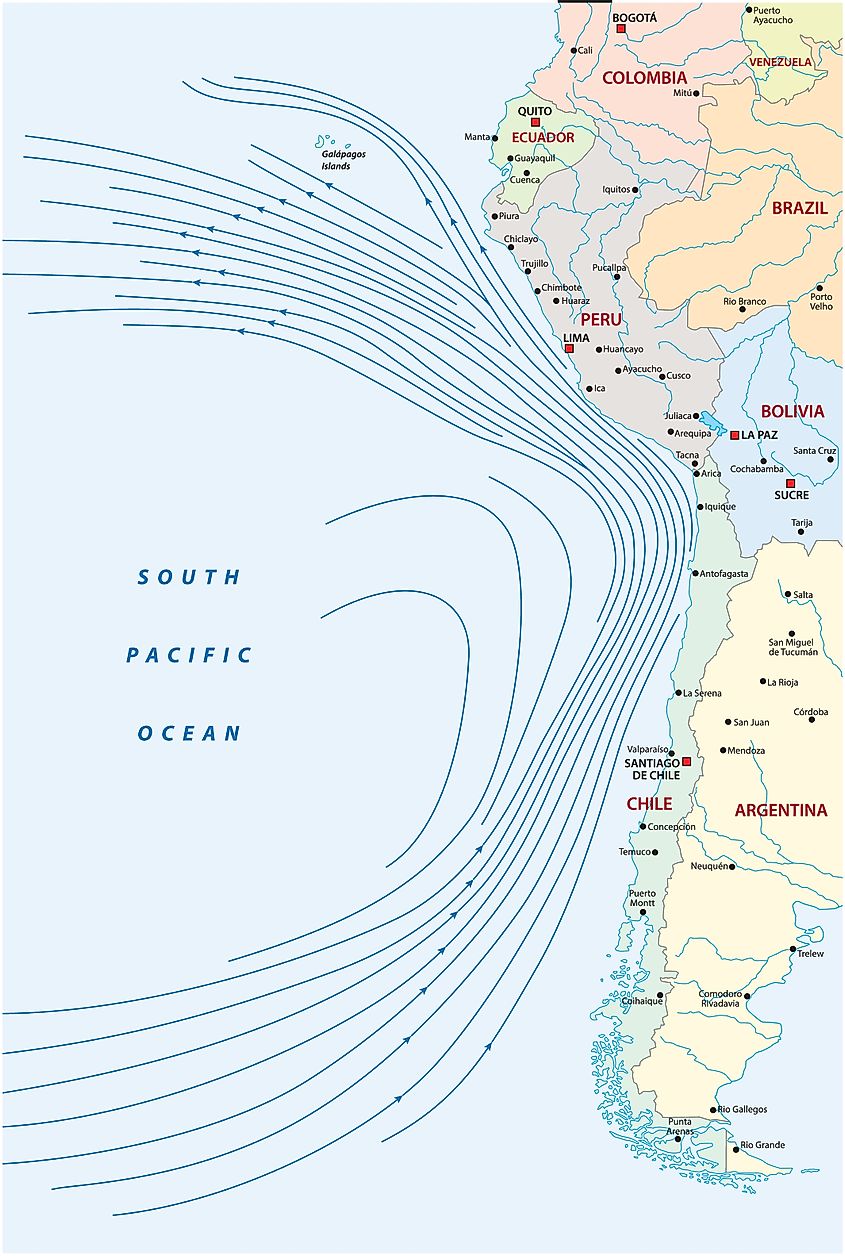 Map of the Humboldt or Peru Current on the west coast of South America.