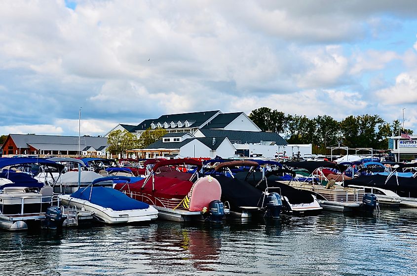 Luxury boats docked in front of The Lake House on Canandaigua