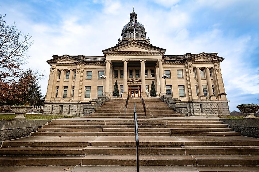 Facade of Bourbon County Courthouse in downtown Paris, Kentucky.