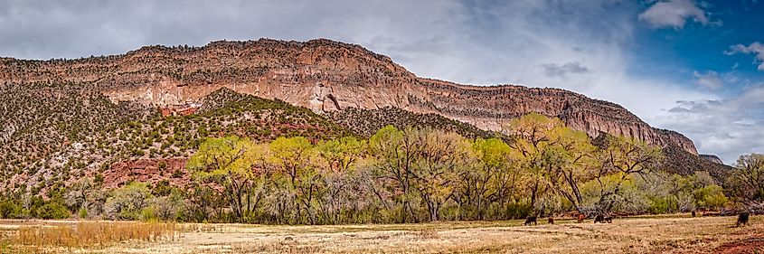 Panoramic view of the Jemez Springs Red Cliffs in New Mexico.