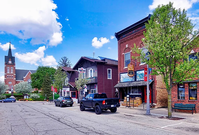 Downtown street in New Glarus, Wisconsin.