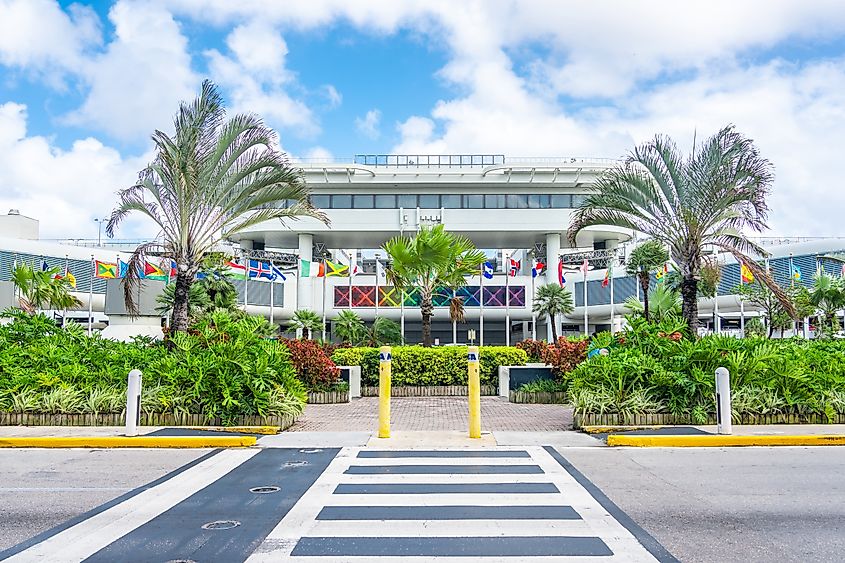 Miami international airport with flags of different countries