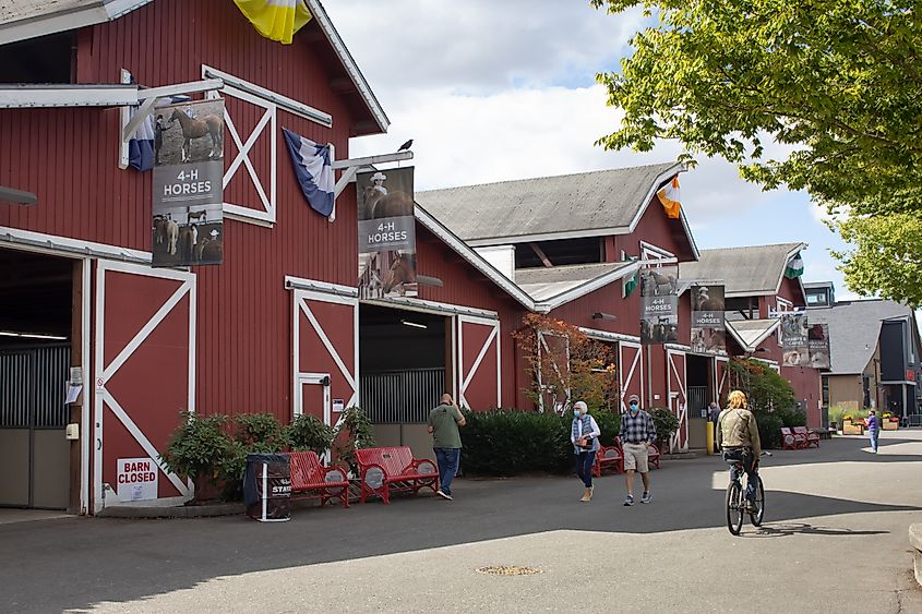 A view of the horse stables, seen at the Washington State Fair in Puyallup, Washington. Editorial credit: The Image Party / Shutterstock.com