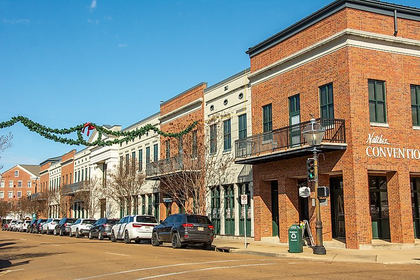 Main Street in Natchez, Mississippi, lined with historic buildings