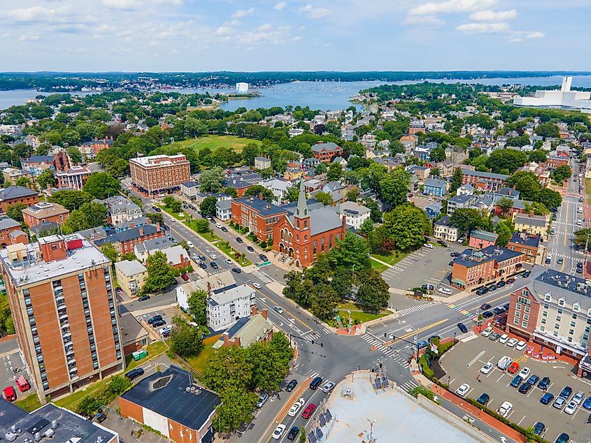 Aerial view of Salem's downtown historic district on Essex Street, located in the city center of Salem, Massachusetts, showcasing historic buildings and a bustling pedestrian area.