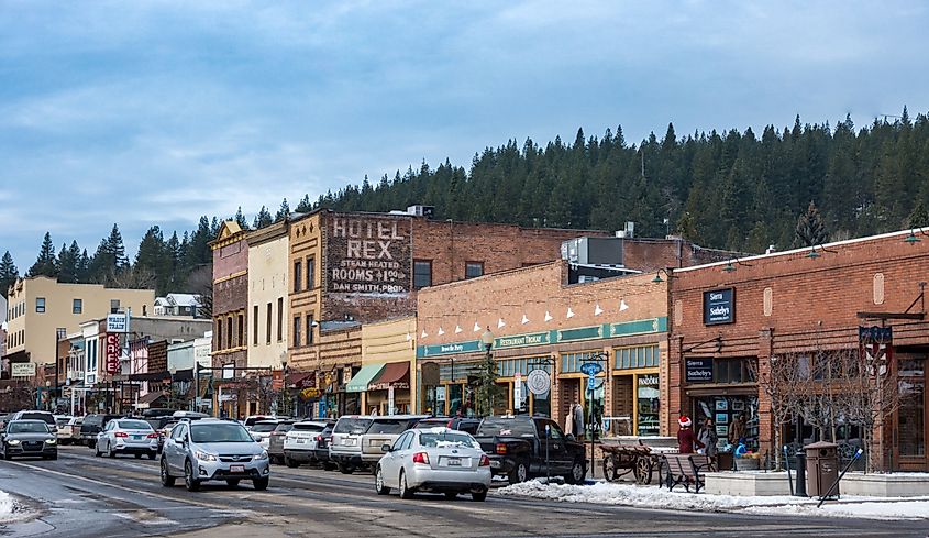 Local businesses line the street in downtown Truckee, California.