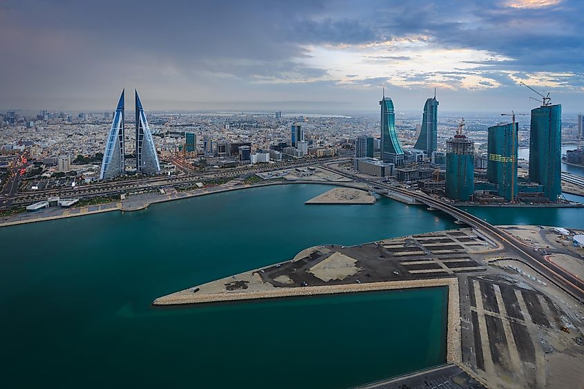 The skyline of Bahrain in the Persian Gulf.
