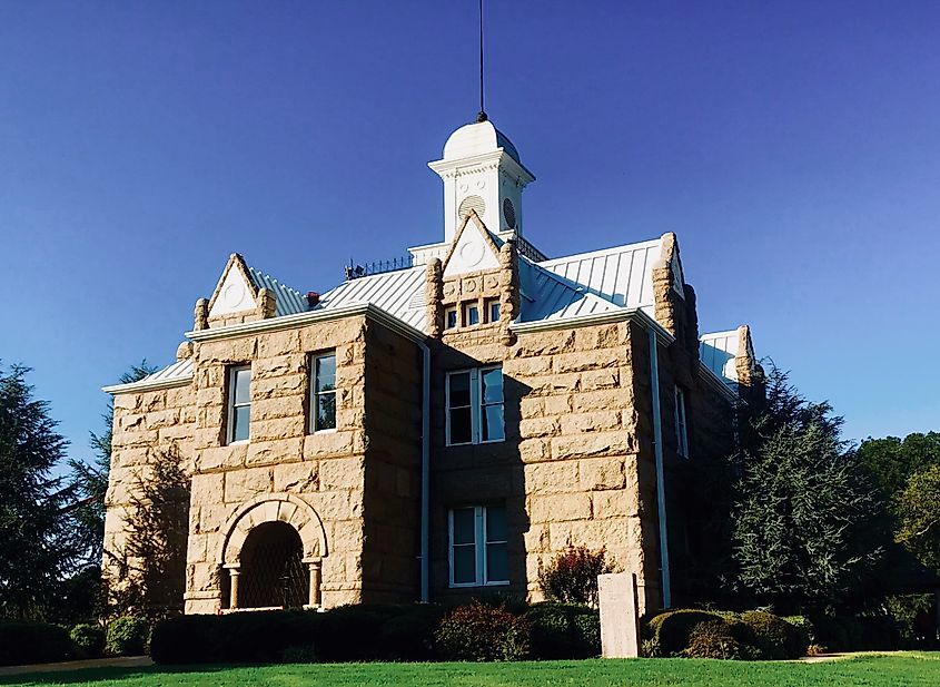 Main façade of the Old Chickasaw Nation Capitol in Tishomingo, Oklahoma.