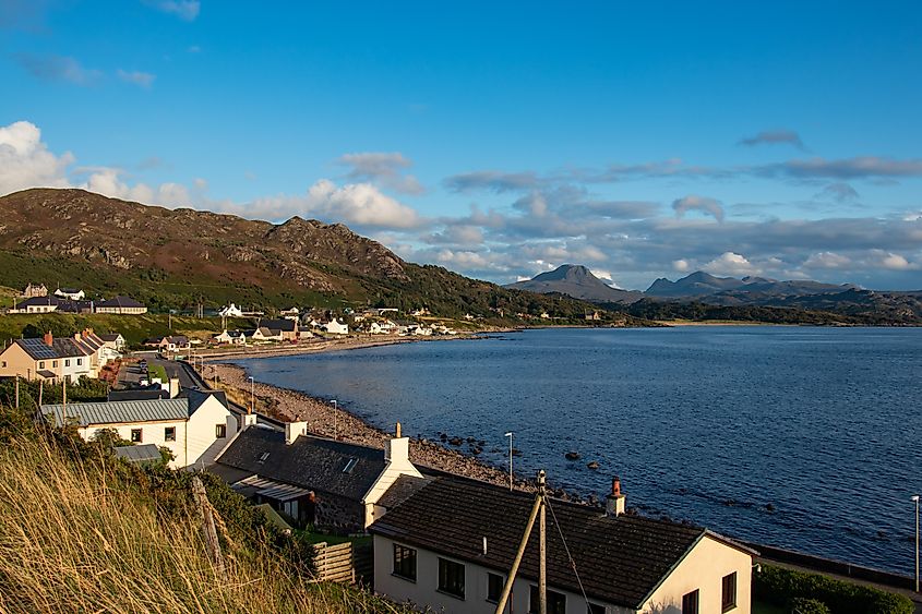 View from a campground in Gairloch in the Scottish Highlands, with coastline and hills near the Isle of Skye