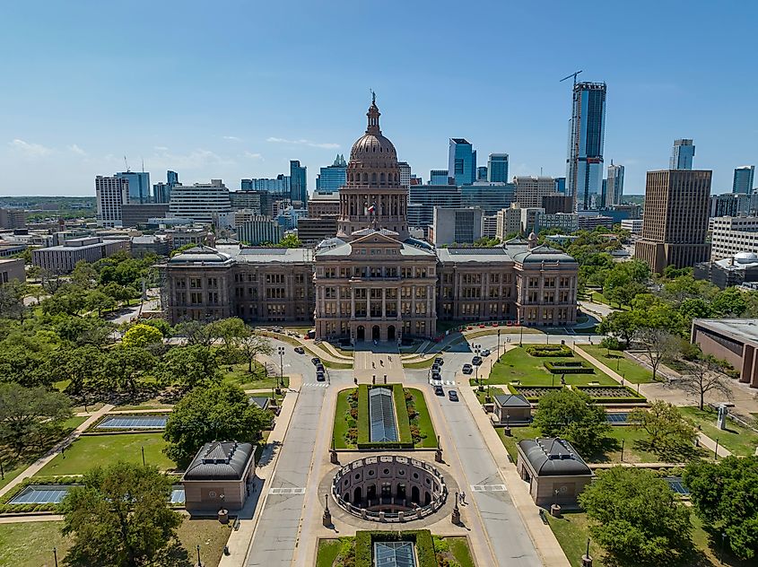 Aerial view of the Texas State Capitol building in Austin, Texas