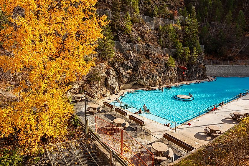 People enjoying the hot springs in the outdoor pool at Radium Hot Springs, BC, Canada