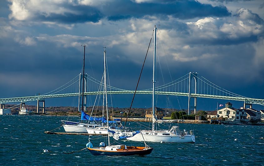 The Claiborne Pell Newport Bridge connecting Jamestown to Newport.