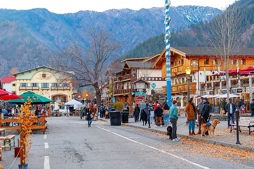 Main street view as tourists wander the main street of the Bavarian themed town of Leavenworth