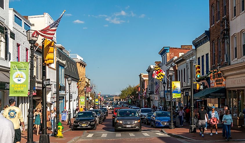 Street view of Annapolis, Maryland  with people walking in the historic town.
