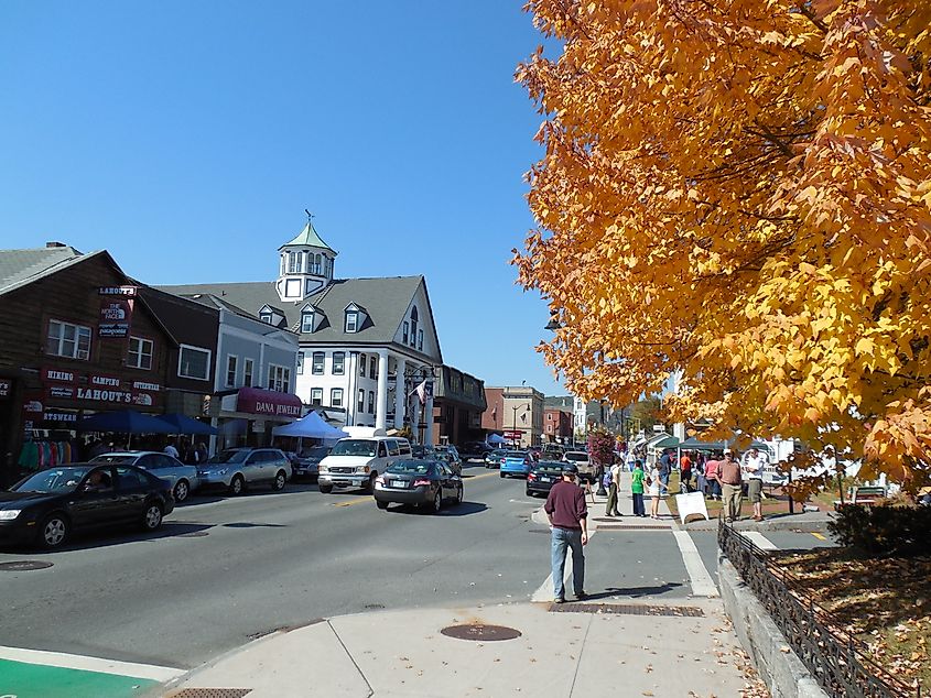 Downtown street in Littleton, New Hampshire, in the fall.