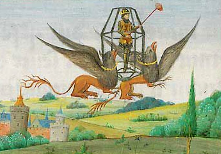 Alexander conquering the air. Illustration by Jean Wauquelin.