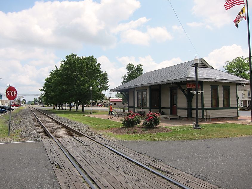 A restored train station in Hurlock, Maryland