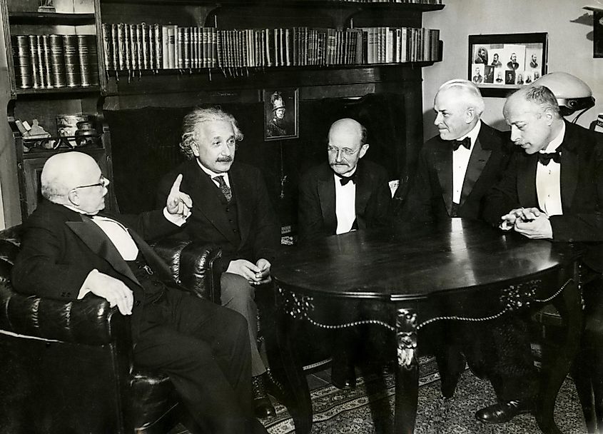 rom left to right: W. Nernst, A. Einstein, M. Planck, R.A. Millikan and von Laue at a dinner given by von Laue on 12 November 1931 in Berlin.