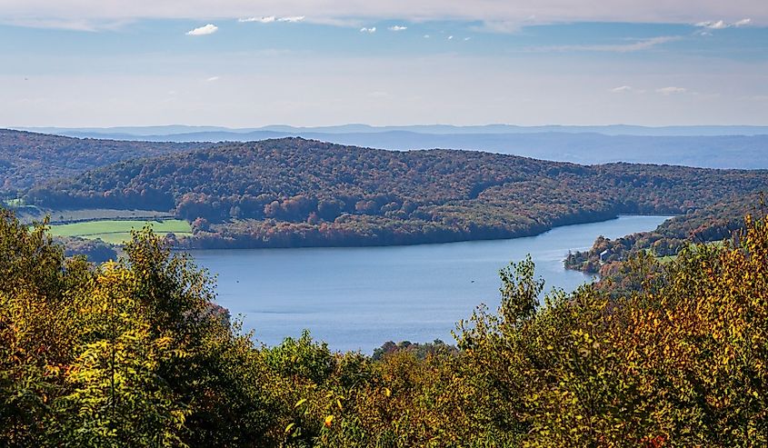 View from overlook of the autumn colors of Mt Davis towards High Point Lake in south western Pennsylvania