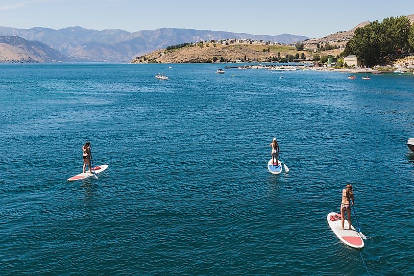 Paddleboarders on Lake Chelan, Washington.