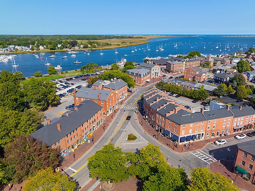 An aerial view of State Street in Newburyport, Massachusetts.