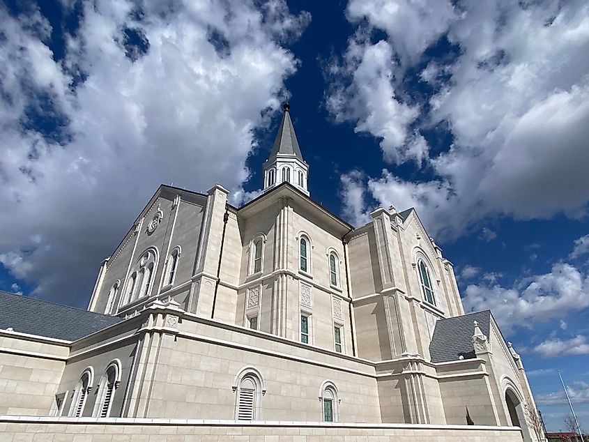 The Taylorsville Temple in Utah, standing prominently with its beautiful architecture.