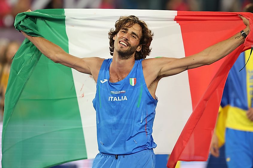 Gianmarco TAMBERI compete and win gold medal during High Jump Men Final in European Athletics Championships 2024 at Olympic Stadium in Rome. Editorial credit: Marco Iacobucci Epp / Shutterstock.com