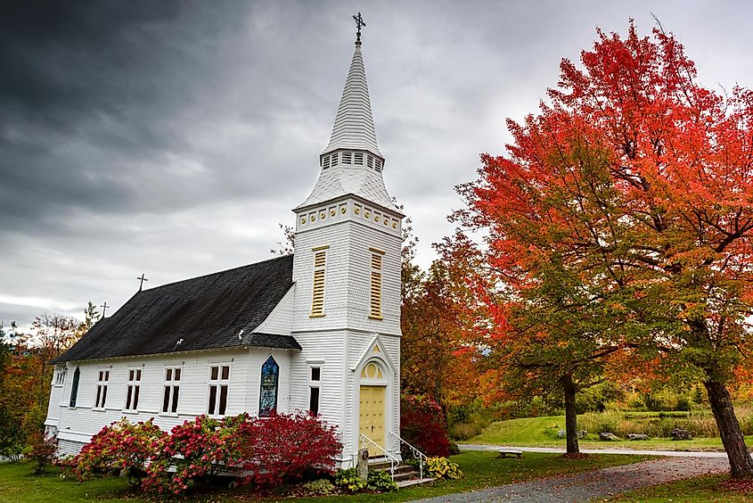 Sugar Hill Saint Matthew chapel at fall in Woodstock, Vermont.