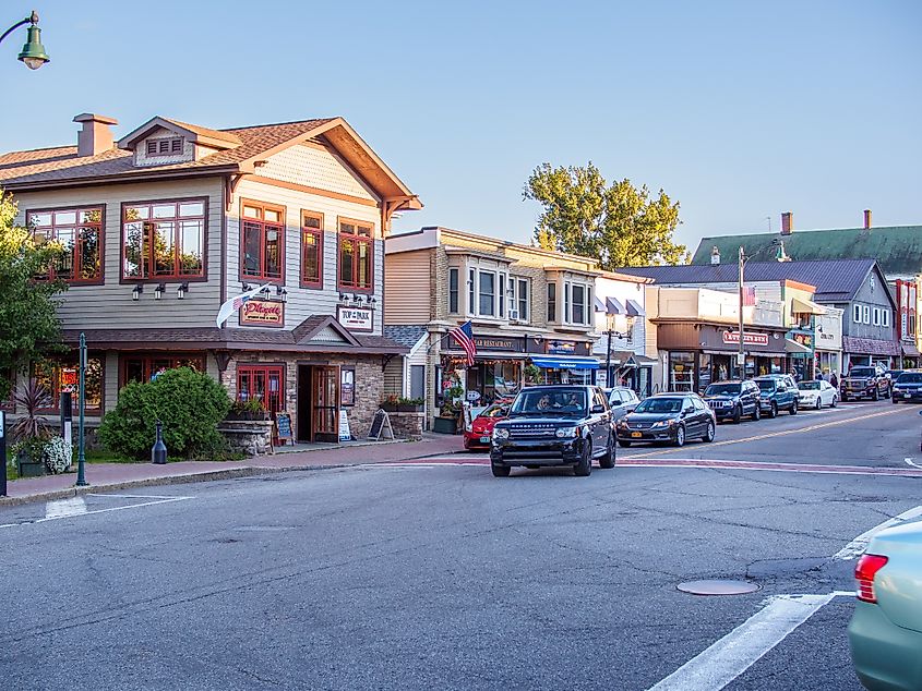 Vibrant businesses along Main Street in Lake Placid, New York