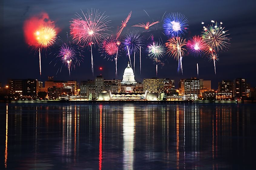 Skyline of Madison Wisconsin at night with fireworks