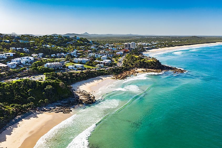 Drone Aerial looking toward Noosa from Caloundra on the Sunshine Coast, Australia.