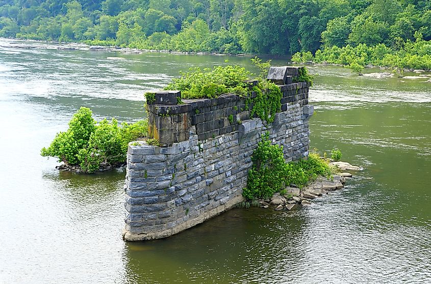 The remnants of the old Appalachian Trail Bridge in Harpers Ferry, West Virginia