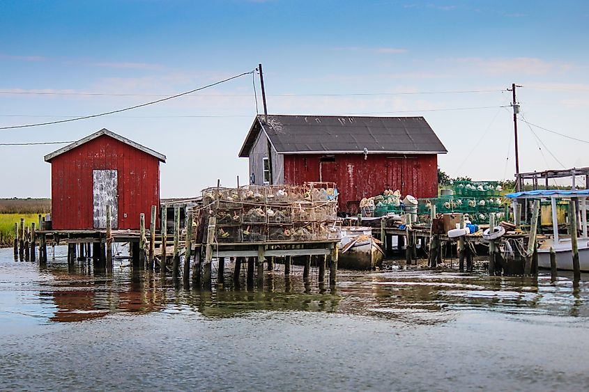 Tangier Island Crab Shack, a rustic building used for crabbing on the island, located in the Chesapeake Bay.