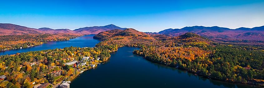 Aerial view of Lake Placid with the Adirondack mountains in the distance, New York, USA.