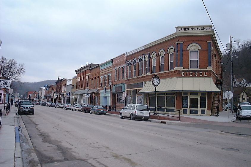 Downtown street in McGregor, Iowa.