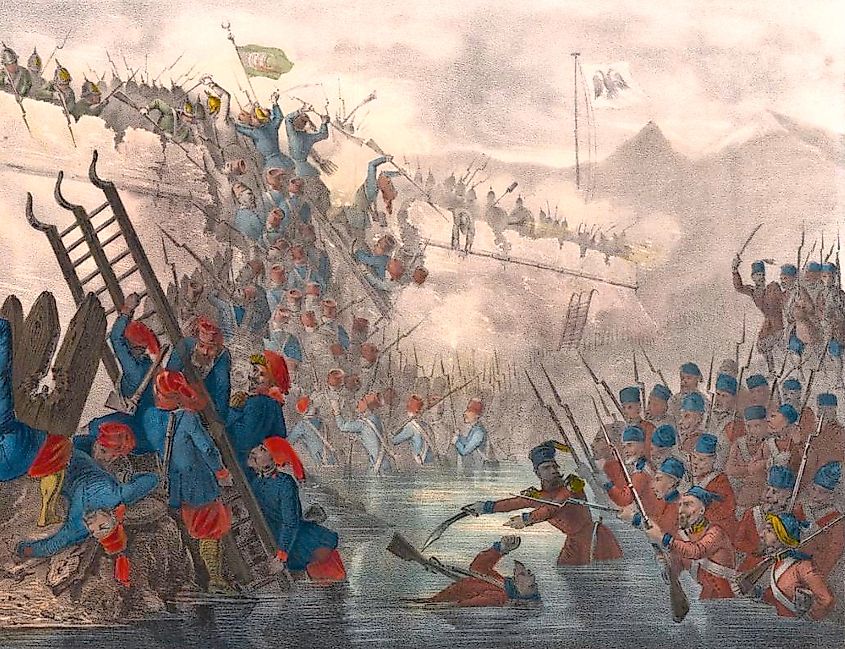 Ottoman troops storming Fort Shefketil during the Crimean War of 1853-1856