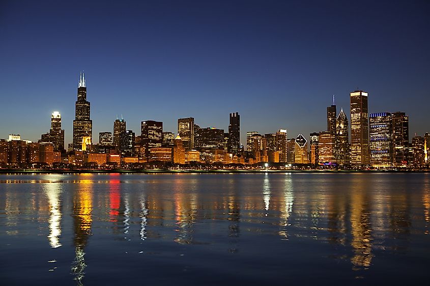 The downtown skyline of Chicago, Illinois, along Lake Michigan.