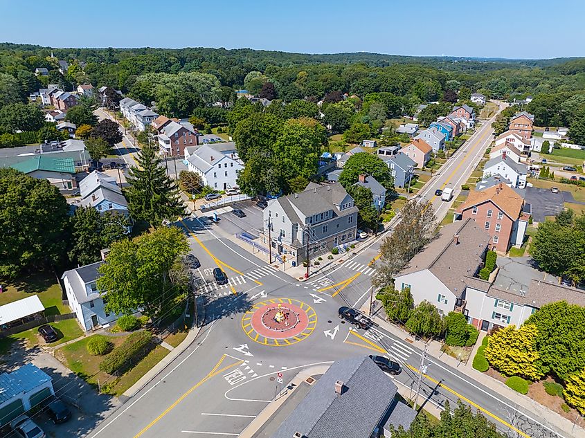 Aerial view of the historic village center of Albion in Lincoln, Rhode Island