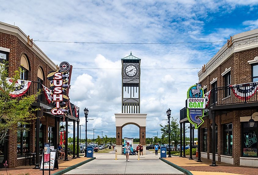 Tourist plaza with a clock tower, Foley, Alabama.