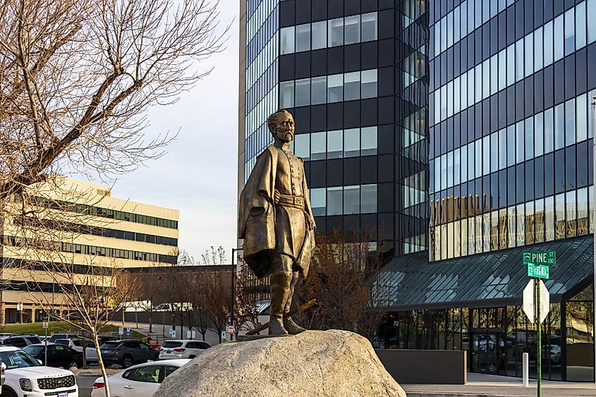 Powning Veterans Memorial Park in Reno, Nevada, featuring a statue of Major General Jesse Lee Reno