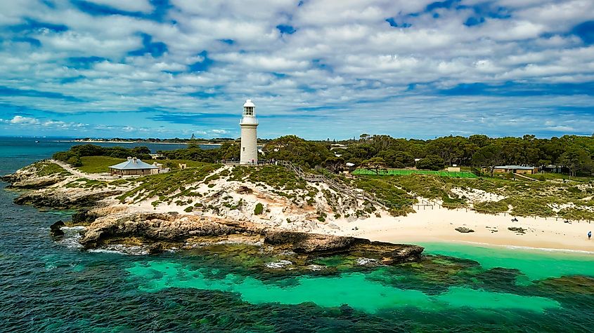 Aerial view of Bathurst Lighthouse in Rottnest Island, Australia.